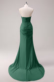 Corsé Verde Oscuro Sirena Strapless Corsé Fruncido Vestido de Fiesta Largo con Abertura