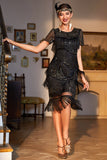 Vestido Flapper con flecos de Gatsby con cuentas negras rojas con cuello joya