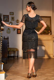 Vestido Flapper con flecos de Gatsby con cuentas negras rojas con cuello joya