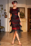 Vestido Flapper con flecos de Gatsby con cuentas negras rojas con cuello joya