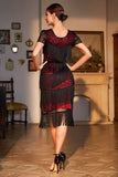 Vestido Flapper con flecos de Gatsby con cuentas negras rojas con cuello joya