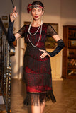 Vestido Flapper con flecos de Gatsby con cuentas negras rojas con cuello joya