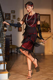 Vestido Flapper con flecos de Gatsby con cuentas negras rojas con cuello joya