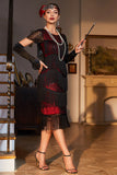 Vestido Flapper con flecos de Gatsby con cuentas negras rojas con cuello joya