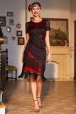 Vestido Flapper con flecos de Gatsby con cuentas negras rojas con cuello joya