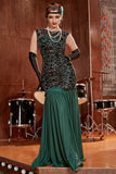 Vestido de flapper de lentejuelas de lentejuelas verde oscuro de la década de 1920