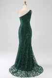 Vestido de fiesta largo de encaje de sirena con cuentas verde oscuro brillante con abertura