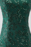 Vestido de fiesta largo de encaje de sirena con cuentas verde oscuro brillante con abertura