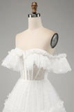 Vestido de novia de tul con hombros descubiertos de línea A marfil