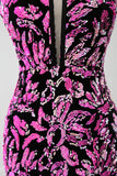 Vestido de fiesta de lentejuelas negras fucsia de sirena brillante con abertura lateral