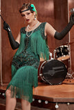 Vestido verde oscuro de Gatsby de la década de 1920 con lentejuelas y flecos