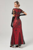 Vestido largo flapper de lentejuelas rojas de la década de 1920