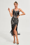 Vestido flapper con flecos de Gatsby con tirantes finos negros