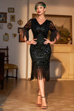 Verde oscuro V-neck Fringed Roaring 20s Party Dress