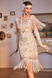 Lentejuelas Champagne Roaring 20s Great Gatsby Fringed Flapper Dress con manga