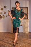 Lentejuelas verde oscuro rugiente 20s Gran Gatsby Flecos Flapper Vestido con manga