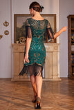 Lentejuelas verde oscuro rugiente 20s Gran Gatsby Flecos Flapper Vestido con manga