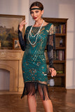 Lentejuelas verde oscuro rugiente 20s Gran Gatsby Flecos Flapper Vestido con manga