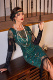 Lentejuelas verde oscuro rugiente 20s Gran Gatsby Flecos Flapper Vestido con manga