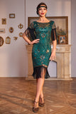 Lentejuelas verde oscuro rugiente 20s Gran Gatsby Flecos Flapper Vestido con manga