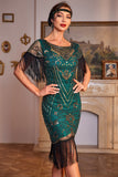 Lentejuelas verde oscuro rugiente 20s Gran Gatsby Flecos Flapper Vestido con manga