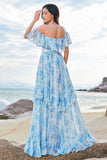 Vestido de dama de honor boho floral blanco azul con volantes