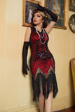 Red & Black Glitter Fringe 1920s Flapper Dress