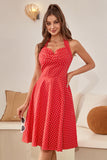 Halter Polka Dots Vestido Rojo de la década de 1950