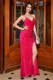 Vestido de fiesta largo de lentejuelas de lentejuelas de sirena fucsia brillante con cuello en V y abertura