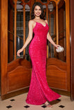 Vestido de fiesta largo de lentejuelas de lentejuelas de sirena fucsia brillante con cuello en V y abertura