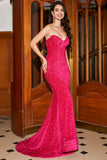 Sirena brillante novia rosa caliente lentejuelas vestido largo de fiesta