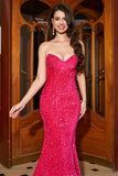 Sirena brillante novia rosa caliente lentejuelas vestido largo de fiesta