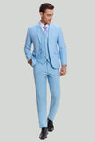 Sky Blue 3 Piezas de solapa con muescas Traje de ajuste moderno para hombre