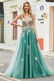 Vestido largo de fiesta con tirantes finos de una línea verde brillante con apliques de lentejuelas brillantes