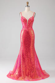 Vestido de fiesta fucsia de sirena brillante con lentejuelas