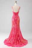 Vestido de fiesta fucsia de sirena brillante con lentejuelas