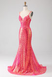 Vestido de fiesta fucsia de sirena brillante con lentejuelas