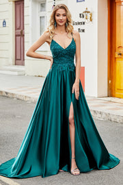 Trendy A Line Spaghetti Straps Peacock Green Vestido Largo De Fiesta Con Apliques