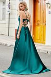 Trendy A Line Spaghetti Straps Peacock Green Vestido Largo De Fiesta Con Apliques