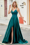 Trendy A Line Spaghetti Straps Peacock Green Vestido Largo De Fiesta Con Apliques