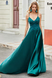 Trendy A Line Spaghetti Straps Peacock Green Vestido Largo De Fiesta Con Apliques