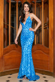 Mermaid Spaghetti Straps Blue Sequins Long Prom Dress