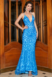 Mermaid Spaghetti Straps Blue Sequins Long Prom Dress