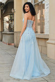 Encantador A Line Sweetheart Blue Corset Prom Dress con hendidura de abalorios