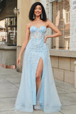 Encantador A Line Sweetheart Blue Corset Prom Dress con hendidura de abalorios