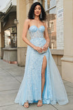 Encantador A Line Sweetheart Blue Corset Prom Dress con hendidura de abalorios