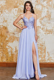 Precioso vestido de fiesta largo lavanda con tirantes de espagueti de una línea con espalda cruzada entrecruzada