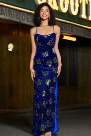 Tirantes de espagueti de sirena brillante Vestido largo de fiesta de lentejuelas azul real con espalda entrecruzada