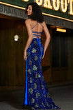 Tirantes de espagueti de sirena brillante Vestido largo de fiesta de lentejuelas azul real con espalda entrecruzada