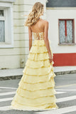 Precioso Vestido De Fiesta De Corsé Amarillo De Novia De Una Línea Con Volantes De Apliques